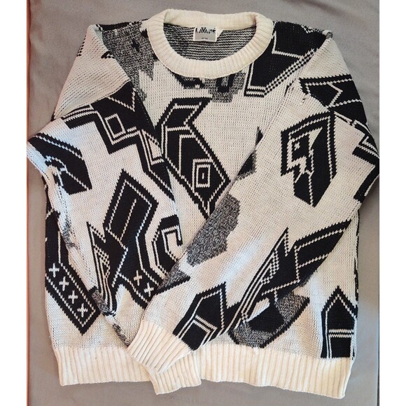 Men's Lavane New York Geometric Crewneck Sweater Black White Medium - Picture 3 of 6